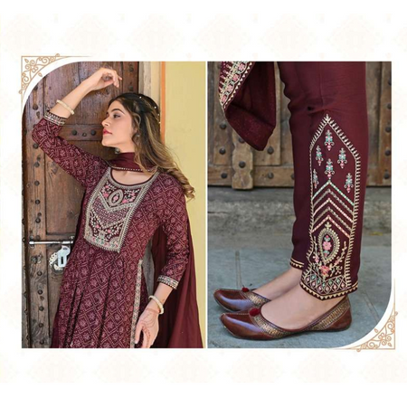 Women Purple Bandhej Naira Cut Kurti Pant Dupatta set