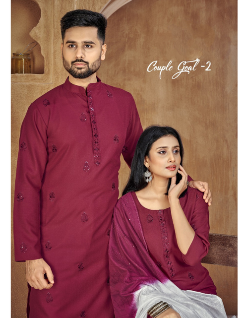 Load image into Gallery viewer, Beautiful Traditional Couple wear Same Matching Red Cotton Men Kurta Pajama and Women Kurta Pant Dupatta mahezon
