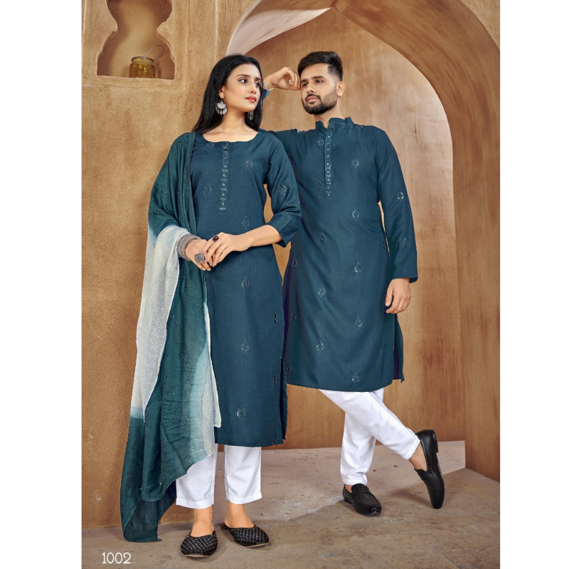 Beautiful Traditional Couple wear Same Matching Blue Cotton Men Kurta Pajama and Women Kurta Pant Dupatta mahezon