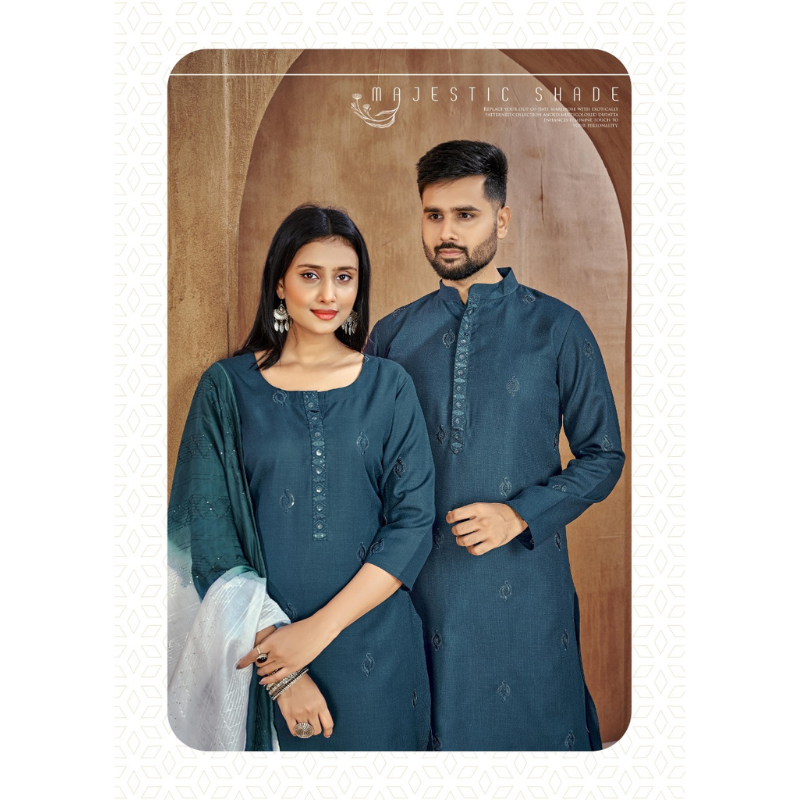 Beautiful Traditional Couple wear Same Matching Blue Cotton Men Kurta Pajama and Women Kurta Pant Dupatta mahezon
