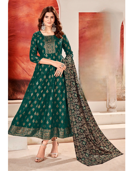 Designer Gown with Banarasi Dupatta Online|Green Colour Gown