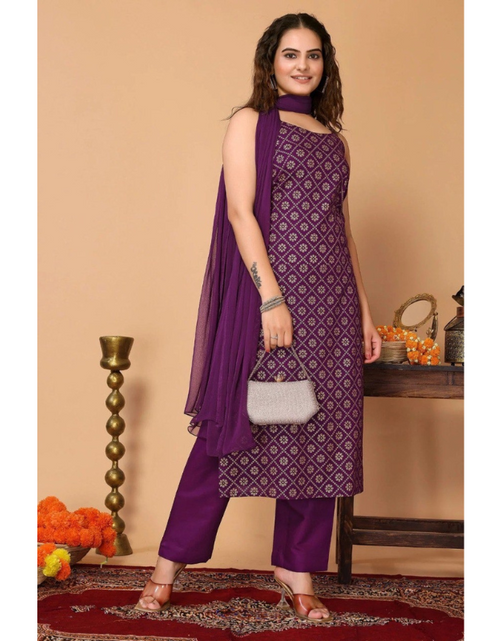 Load image into Gallery viewer, Women Purple Kurti Pant Dupatta Material
