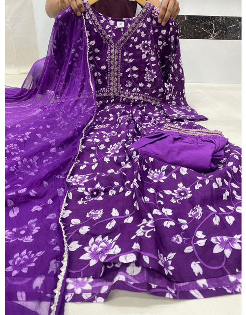 Load image into Gallery viewer, Women Purple Alia cut Kurti Pant Dupatta set mahezon
