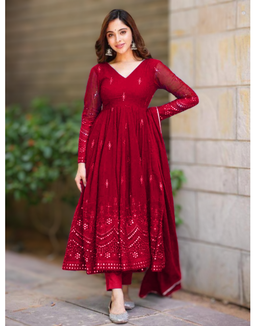 Load image into Gallery viewer, Women Red Designer Gown with Dupatta set mahezon
