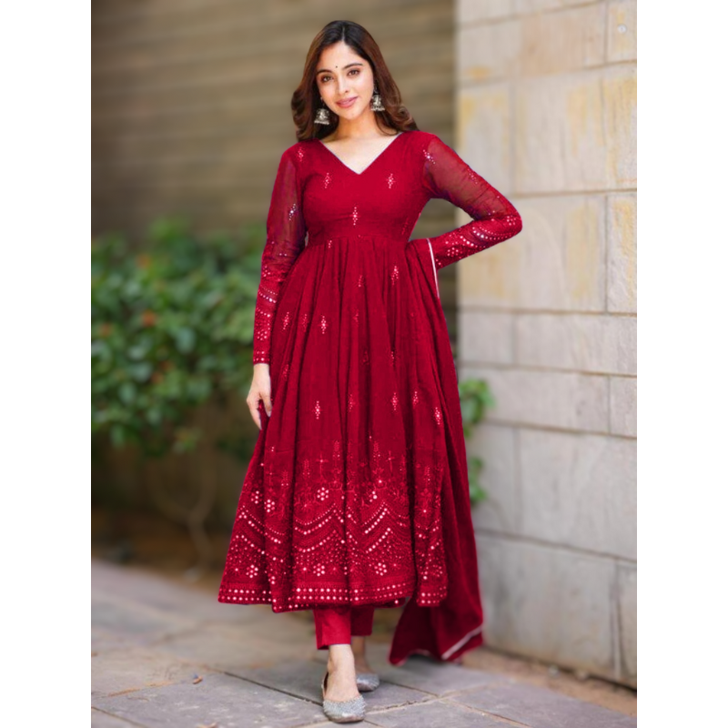 Women Red Designer Gown with Dupatta set mahezon