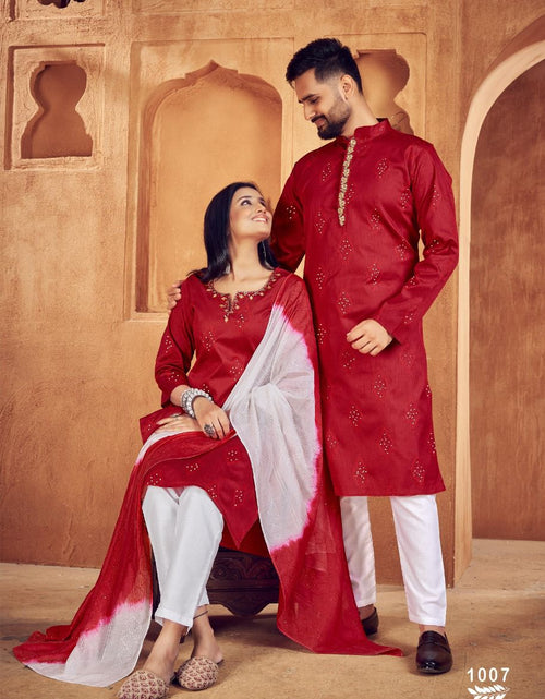 Load image into Gallery viewer, Beautiful Traditional Red Men Kurta Pyjama and Women Kurti Pant Duppatta Couple set. mahezon
