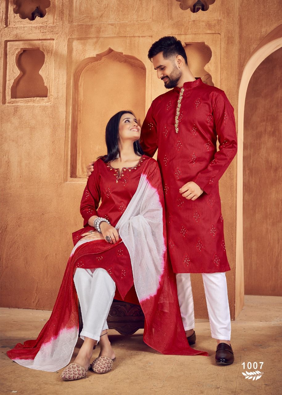 Beautiful Traditional Red Men Kurta Pyjama and Women Kurti Pant Duppatta Couple set. mahezon