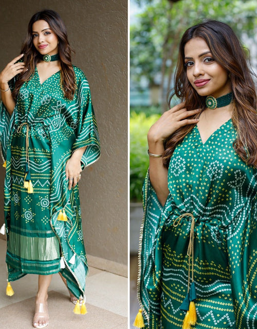 Load image into Gallery viewer, Beautiful Party wear comfortable pure gazi Silk Green Kaftan dress. mahezon
