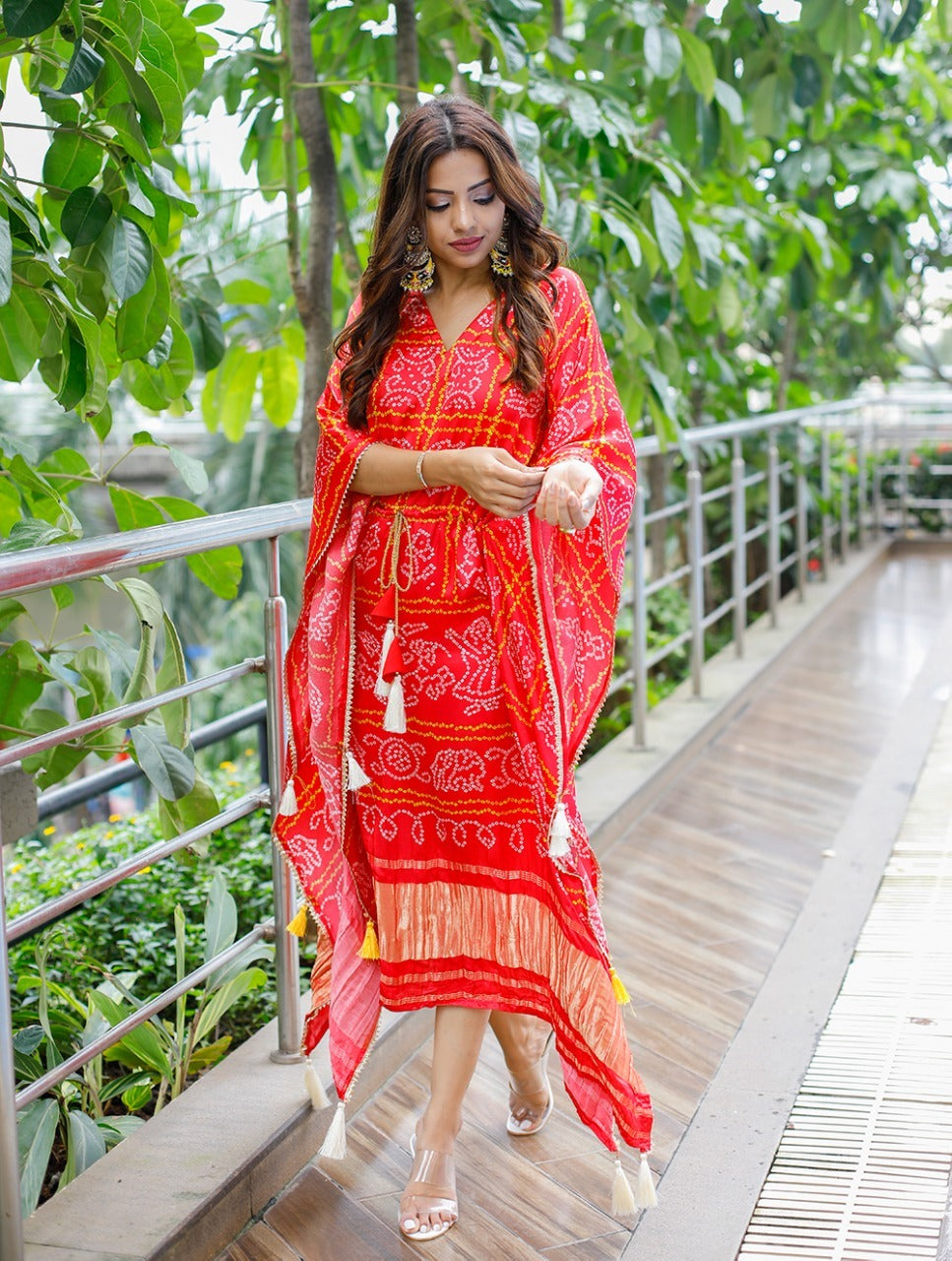 Beautiful Party wear Red Pure Gazi Silk Kaftan dress. mahezon
