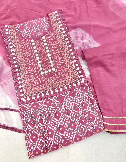 Load image into Gallery viewer, Beautiful Pink Embroidery Naira cut Kurti Pant with dupatta set.  mahezon
