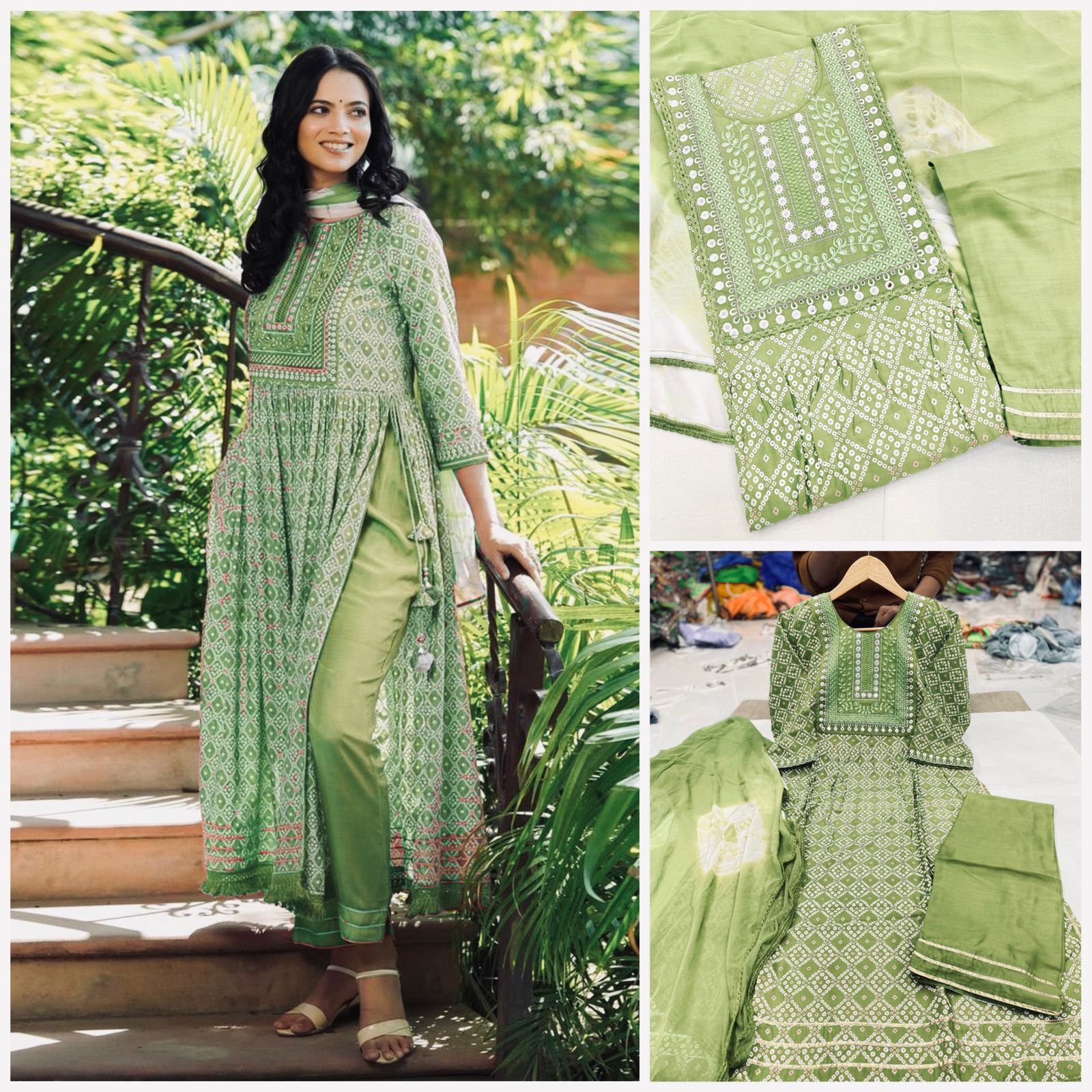 Beautiful Green Embroidery Naira cut Kurti Pant with dupatta set.  mahezon