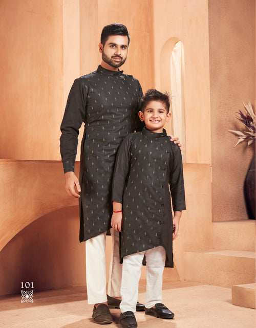 Load image into Gallery viewer, Beautiful Traditional Pure Cotton Father and Son Black Same Matching Kurta Pajama set.  mahezon
