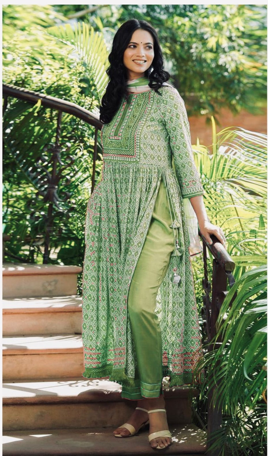 Beautiful Green Embroidery Naira cut Kurti Pant with dupatta set.  mahezon