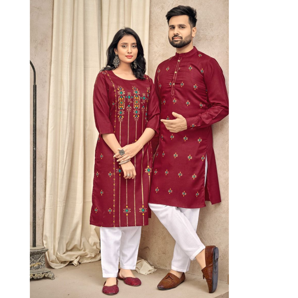 Beautiful Traditional Red Couple wear Same Matching Men and Women Dress. mahezon