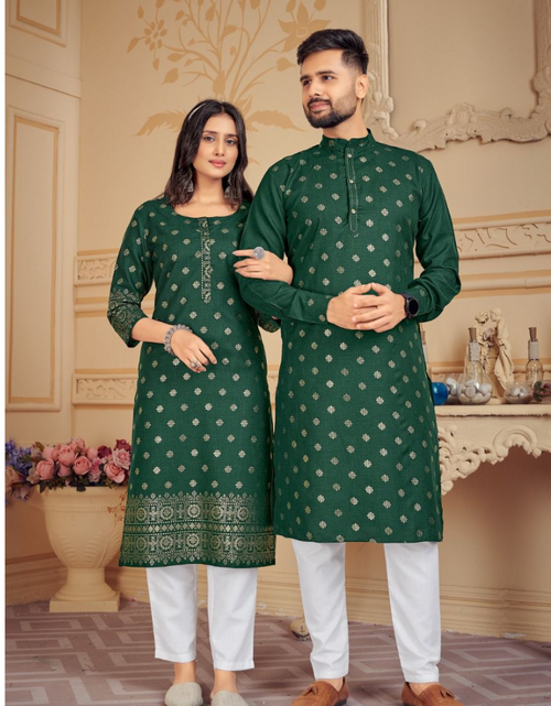 Load image into Gallery viewer, Traditional Cotton Green Couple Dress for Festival mahezon
