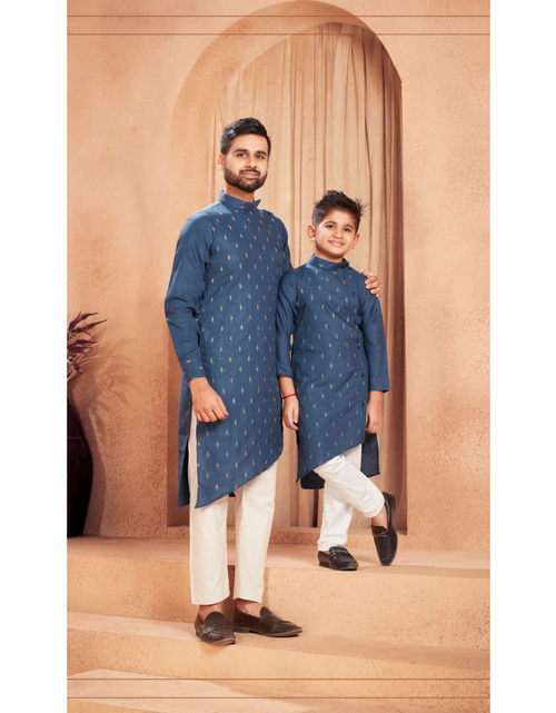Load image into Gallery viewer, Beautiful Traditional Pure Cotton Father and Son Blue Same Matching Kurta Pajama set.  mahezon
