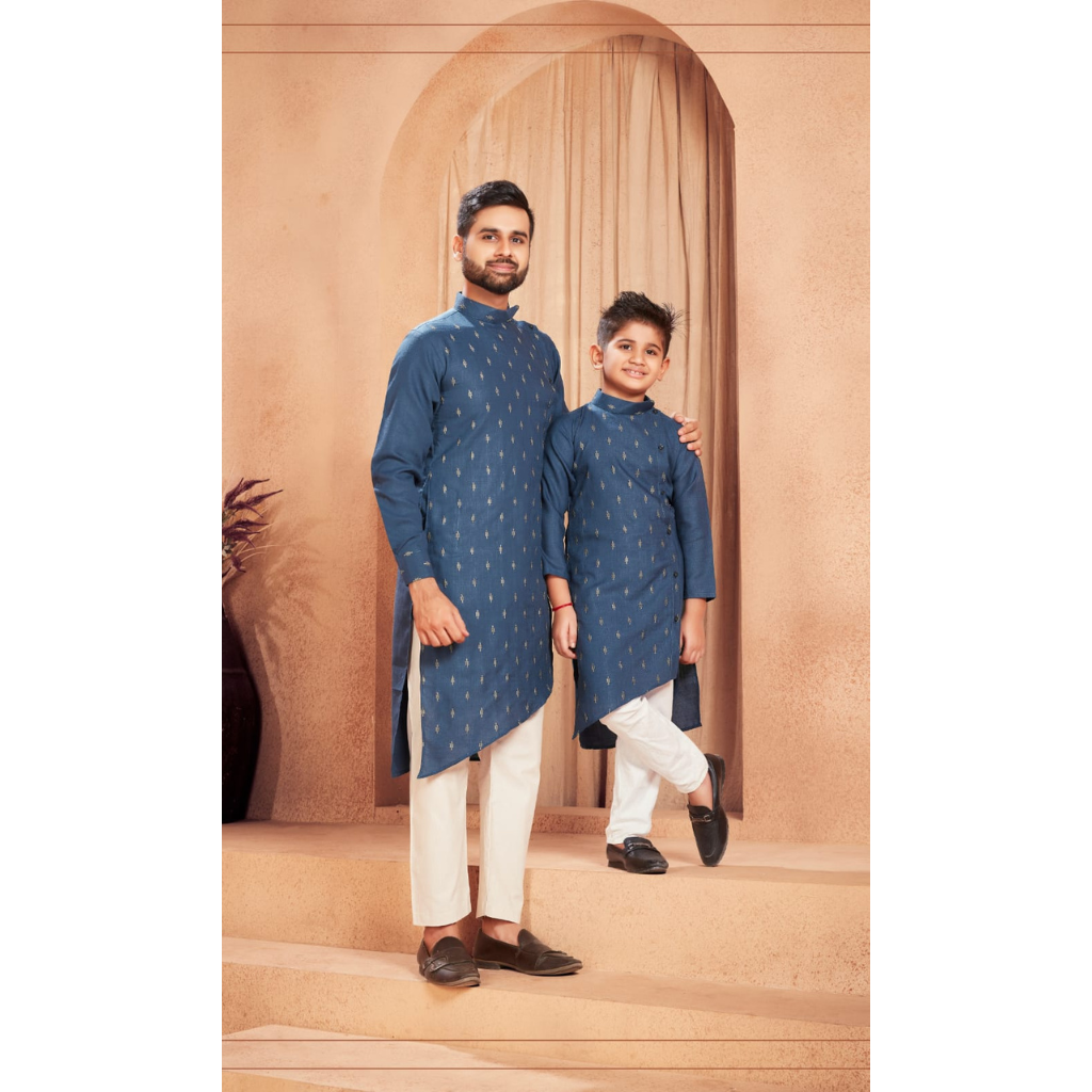 Beautiful Traditional Pure Cotton Father and Son Blue Same Matching Kurta Pajama set.  mahezon