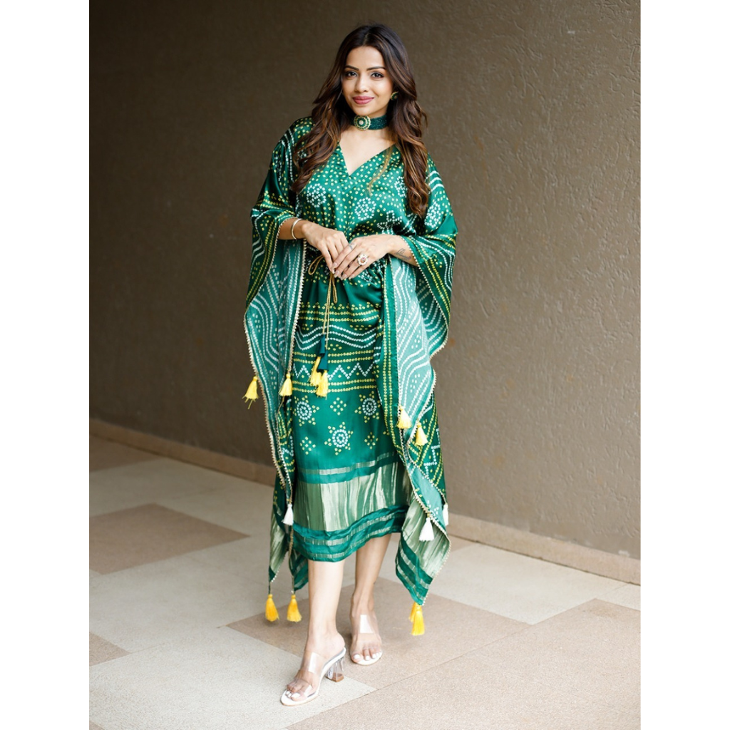 Beautiful Party wear comfortable pure gazi Silk Green Kaftan dress. mahezon