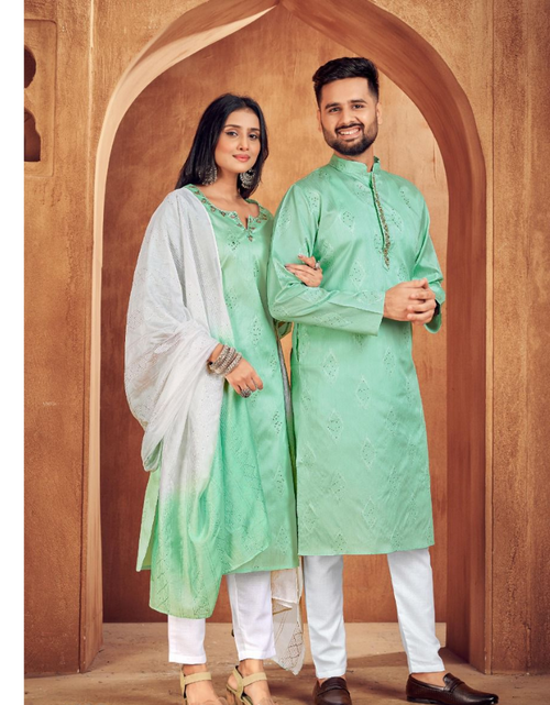 Load image into Gallery viewer, Beautiful Traditional Greenish Matching Couple Dress. mahezon

