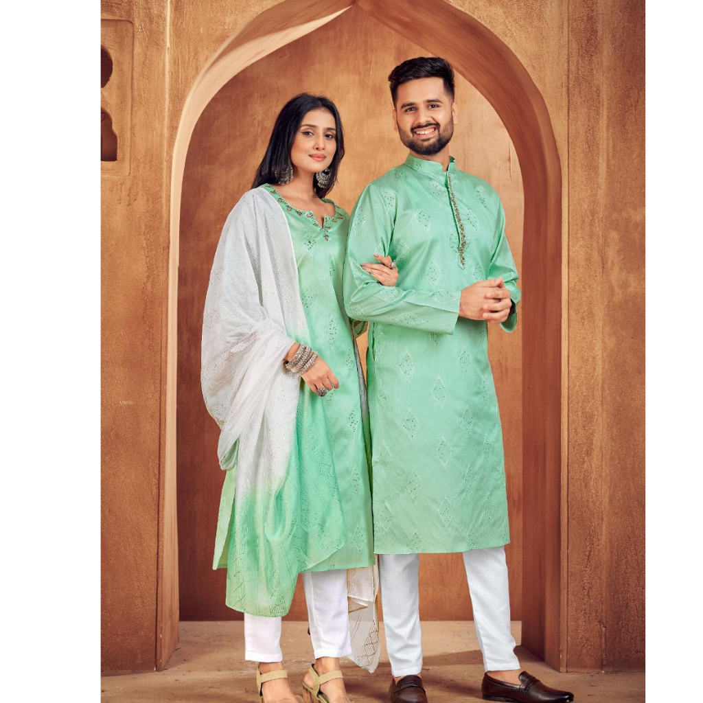 Beautiful Traditional Greenish Matching Couple Dress. mahezon