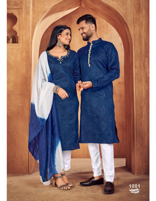 Load image into Gallery viewer, Beautiful Traditional Men Blue Kurta Pyjama and Women Kurti Pant Duppatta Couple set. mahezon
