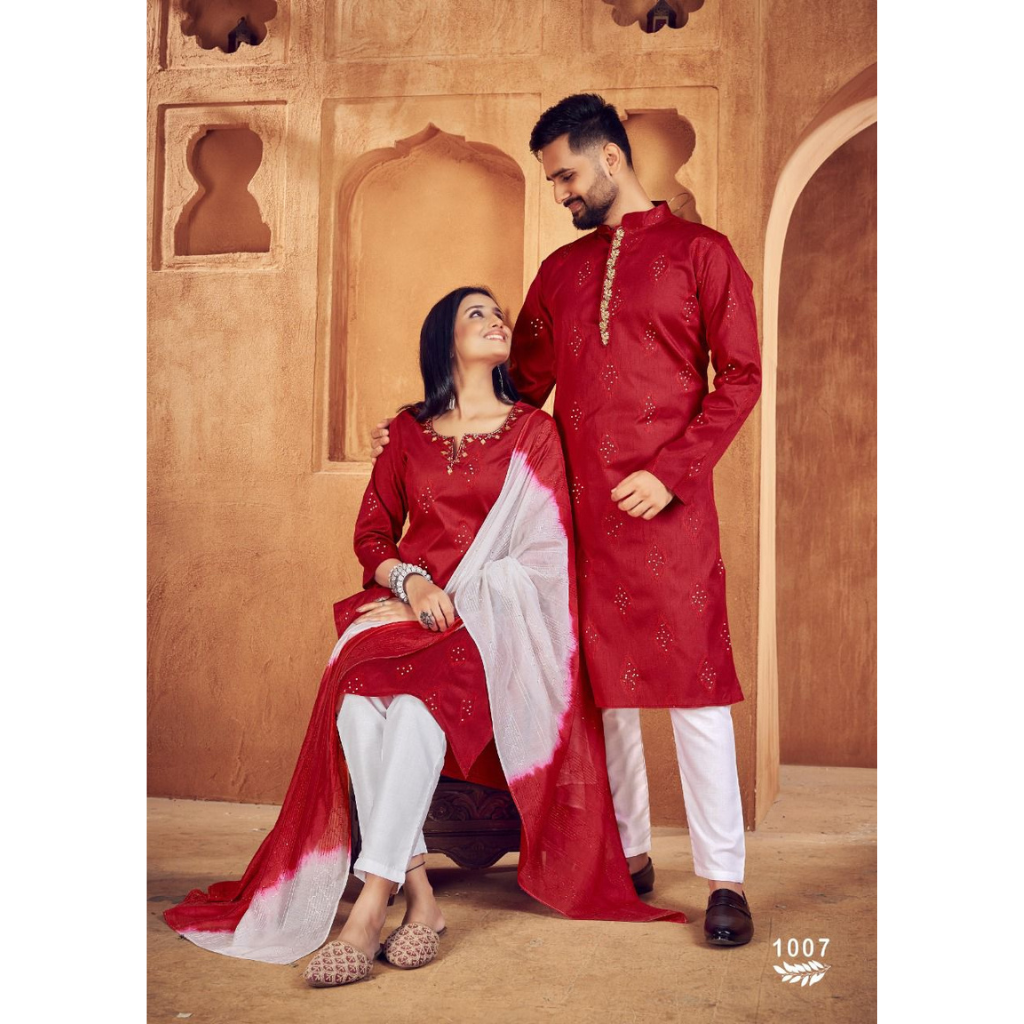Beautiful Traditional Red Men Kurta Pyjama and Women Kurti Pant Duppatta Couple set. mahezon
