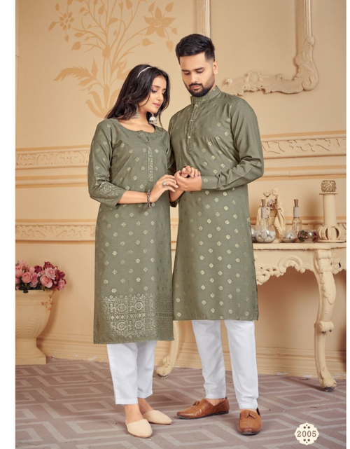 Load image into Gallery viewer, Beautiful Traditional Cotton Couple Wear Men&#39;s Kurta Pyjama and Women Kurti Pant set.  mahezon
